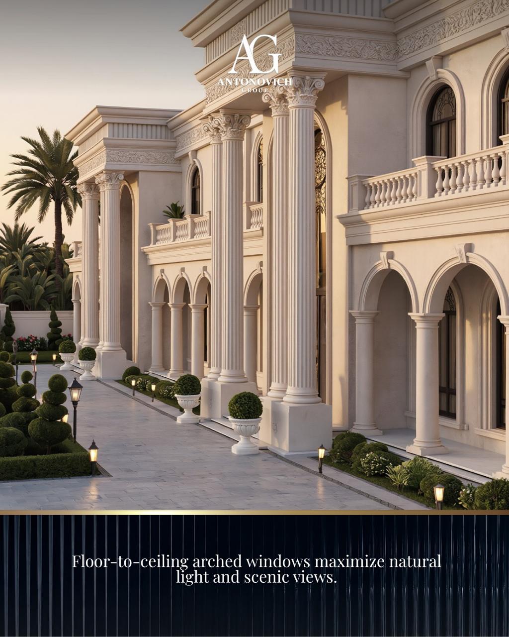Floor-to-ceiling arched windows maximize natural light and scenic views.