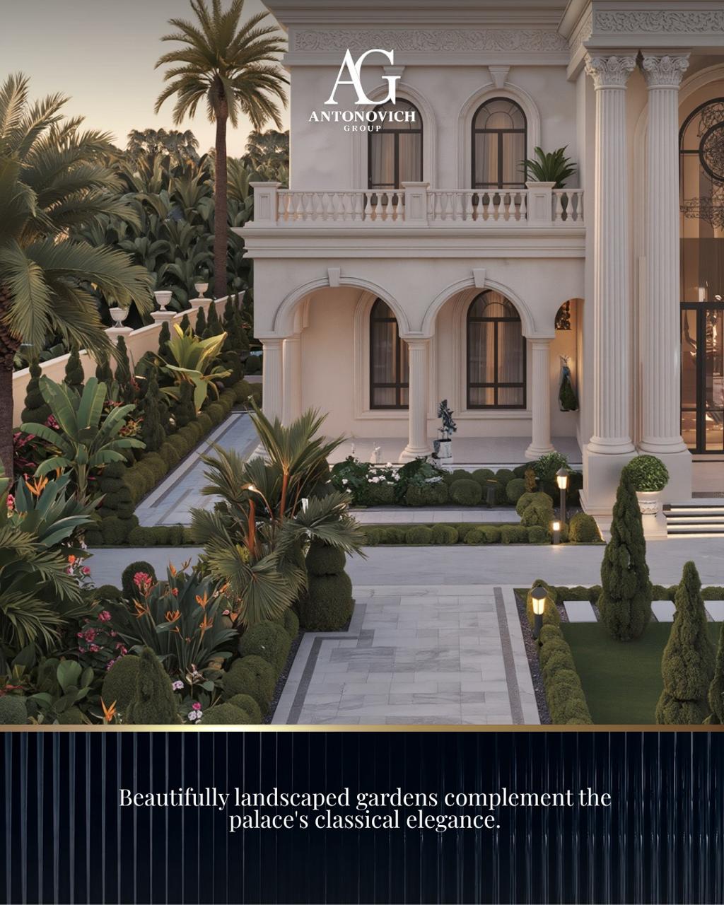 Beautifully landscaped gardens complement the palace classical elegance.