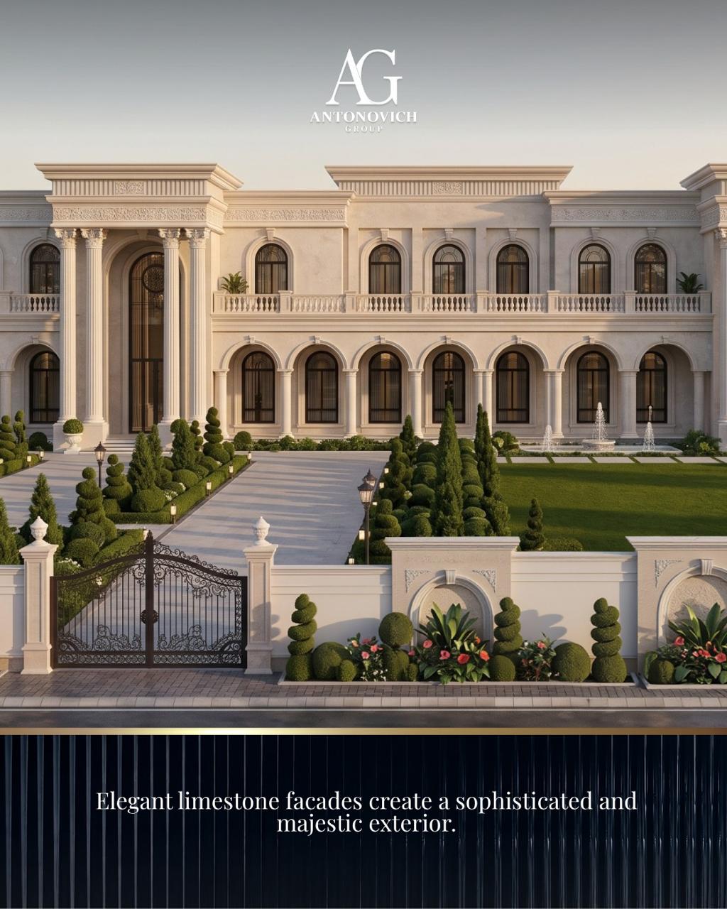 Elegant limestone facades create a sophisticated and majestic exterior.