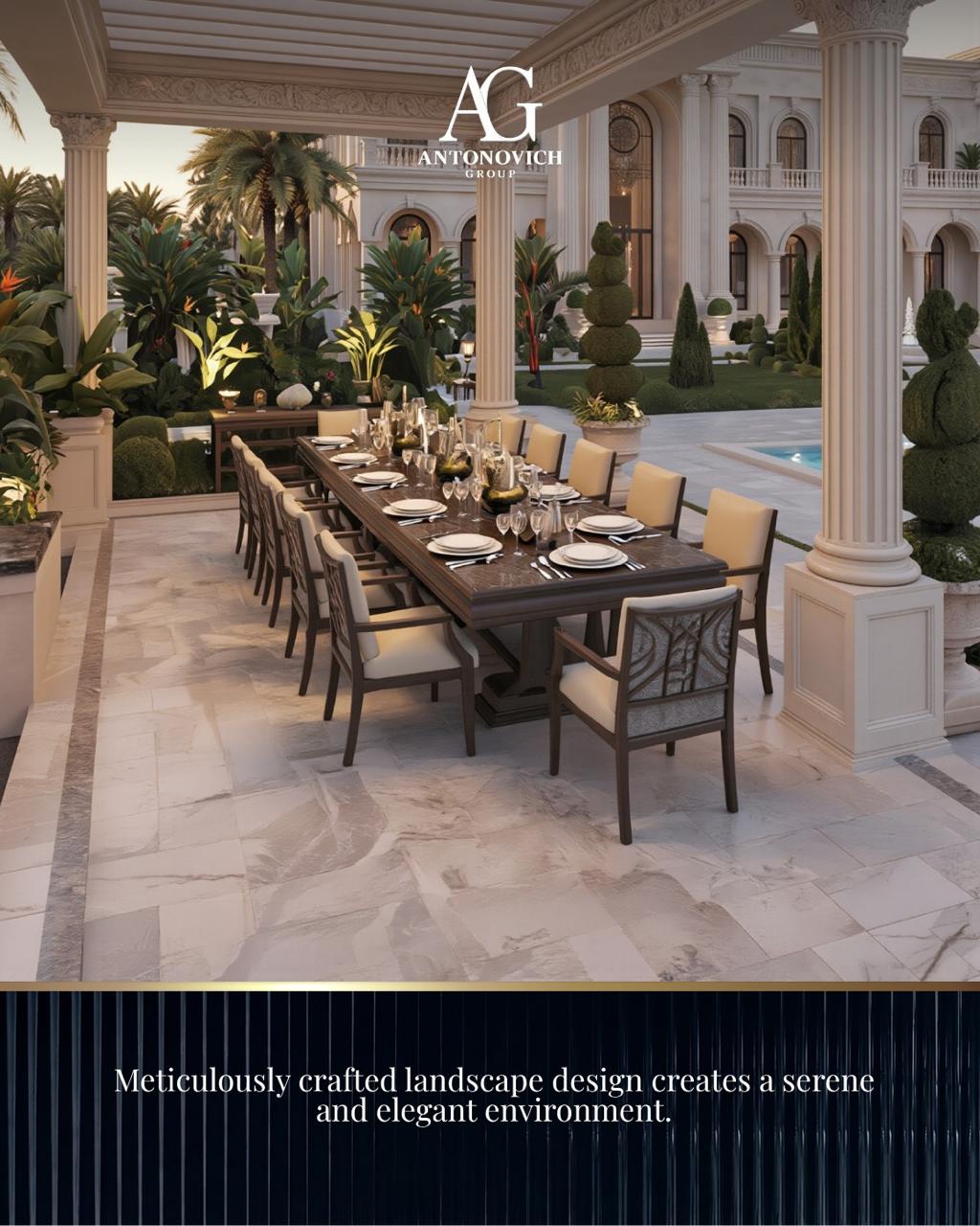 Luxury outdoor dining spaces are designed for refined entertaining.
