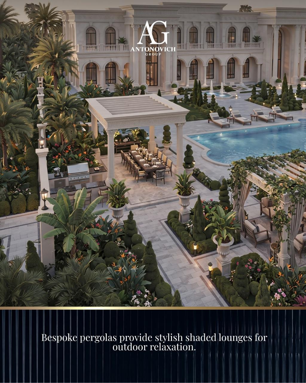 Bespoke pergolas provide stylish shaded lounges for outdoor relaxation.