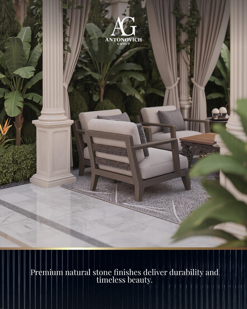 Premium natural stone finishes deliver durability and timeless beauty.