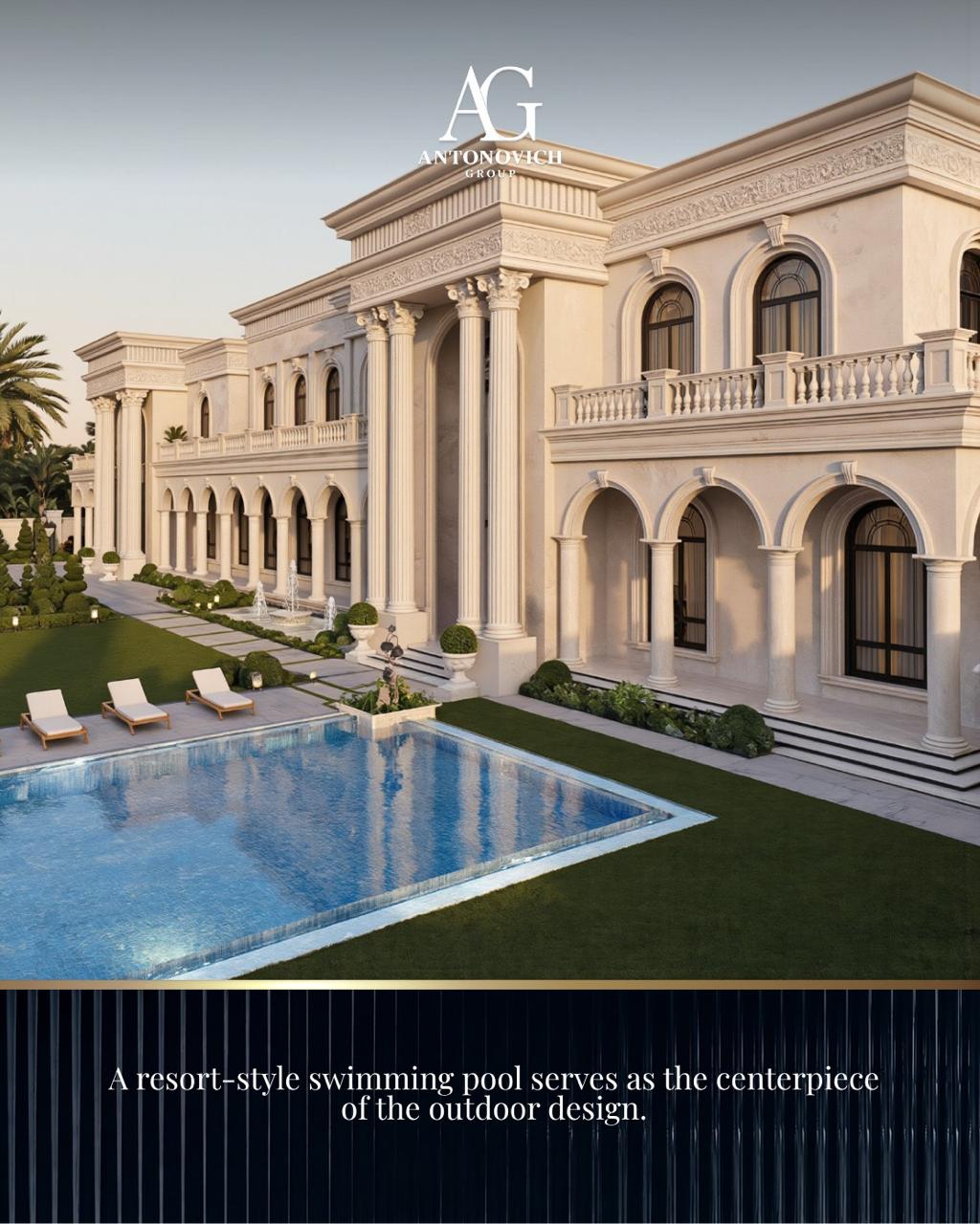 A resort-style swimming pool serves as the centerpiece of the outdoor design.