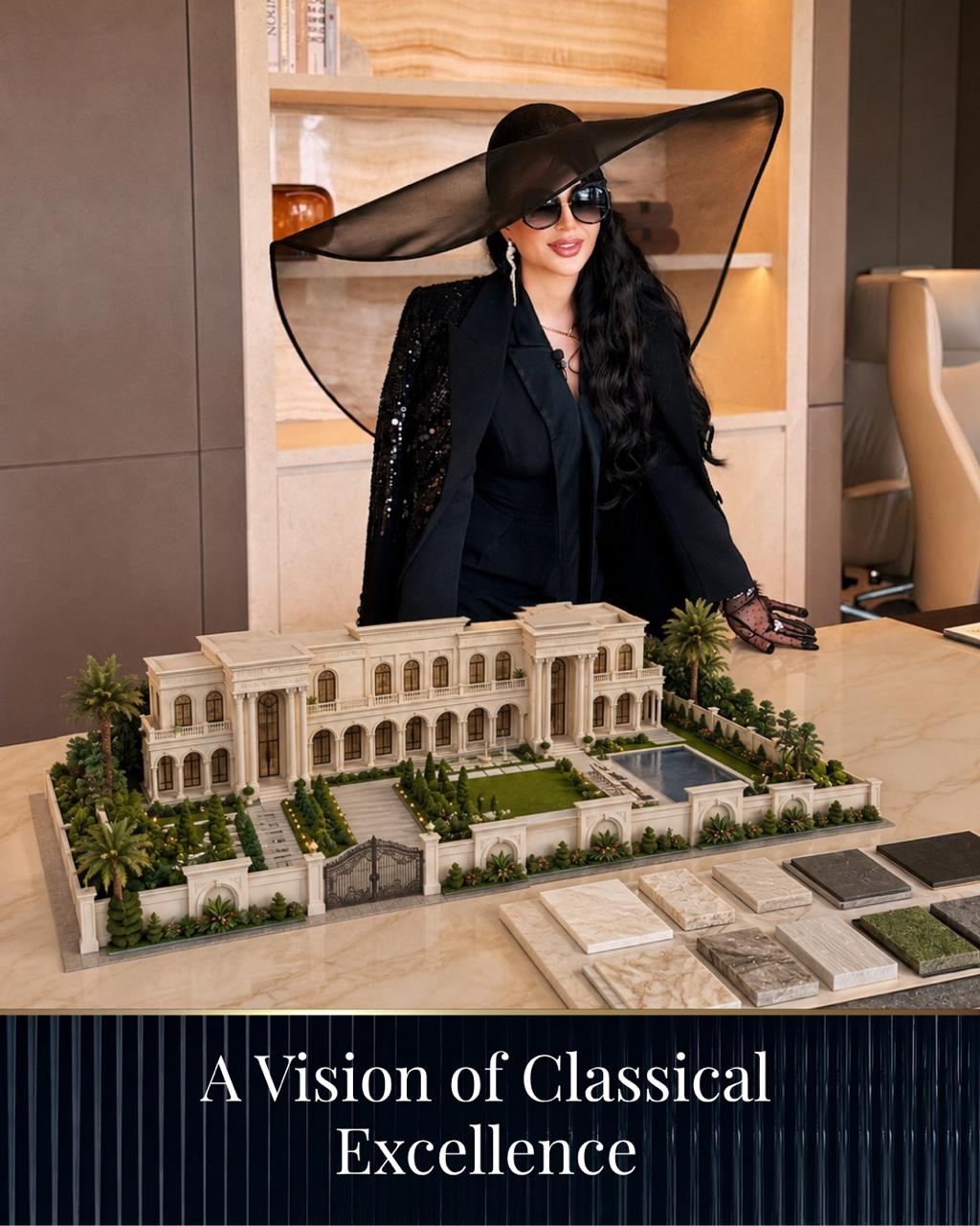 Katrina Antonovich presenting a classical palace architecture model with material samples