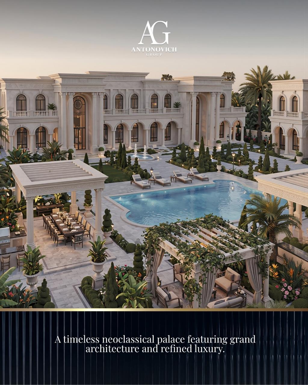 A timeless neoclassical palace featuring grand architecture and refined luxury.