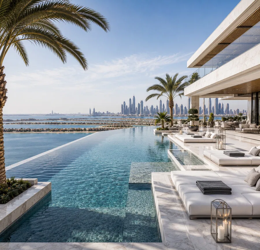 Infinity pools that draw the eye to the Dubai horizon from rooftop or villa.