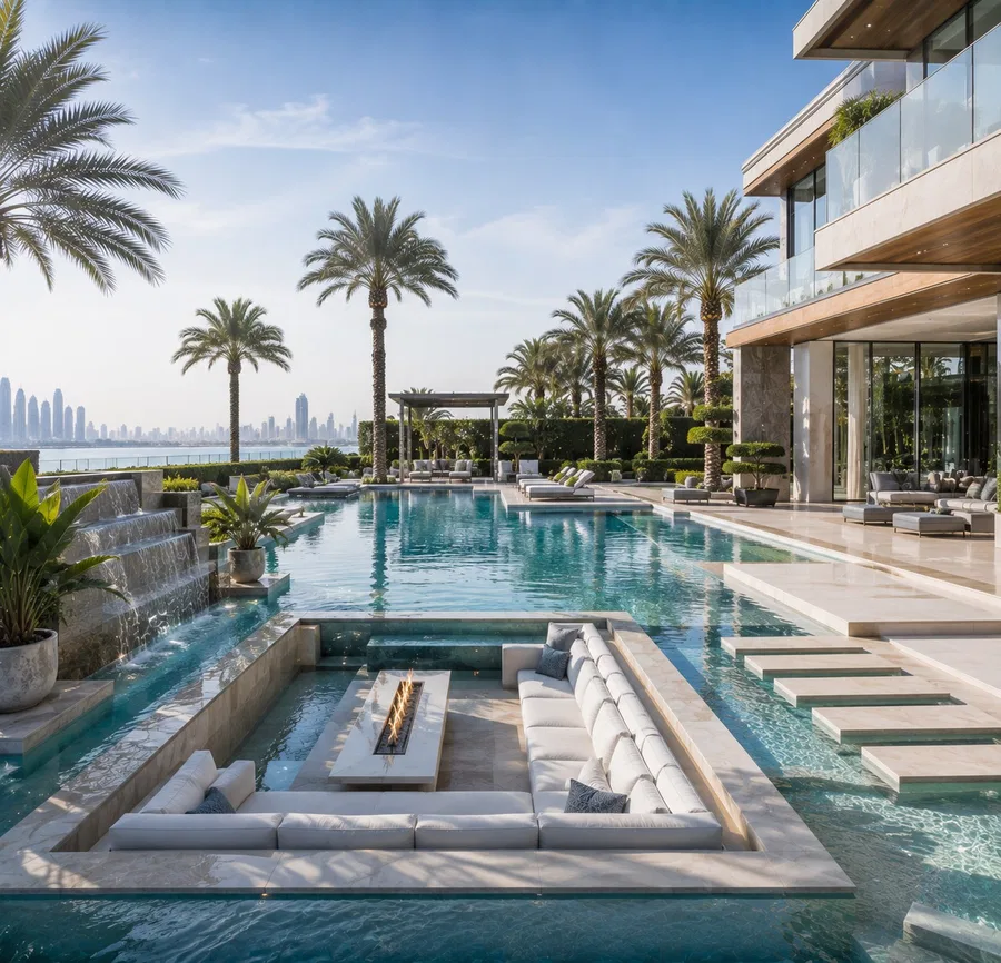 Swimming pool design with bespoke shapes, tiling and lighting for Dubai villas.