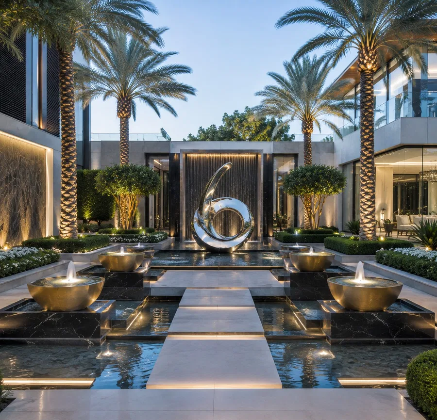 Water features — fountains and reflecting pools that bring calm to a Dubai garden.