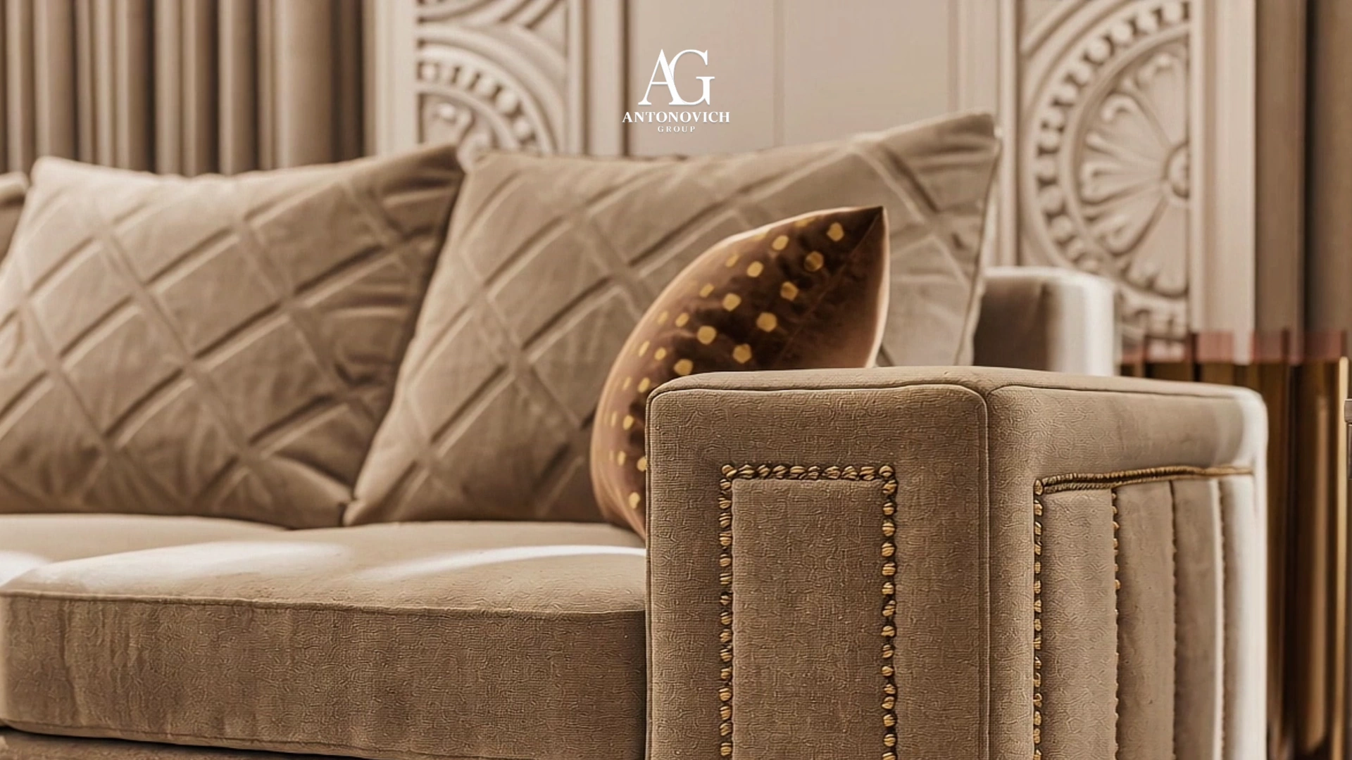 Luxury majlis interior with elegant seating and a crystal chandelier, designed and fitted out by Antonovich Group in Dubai