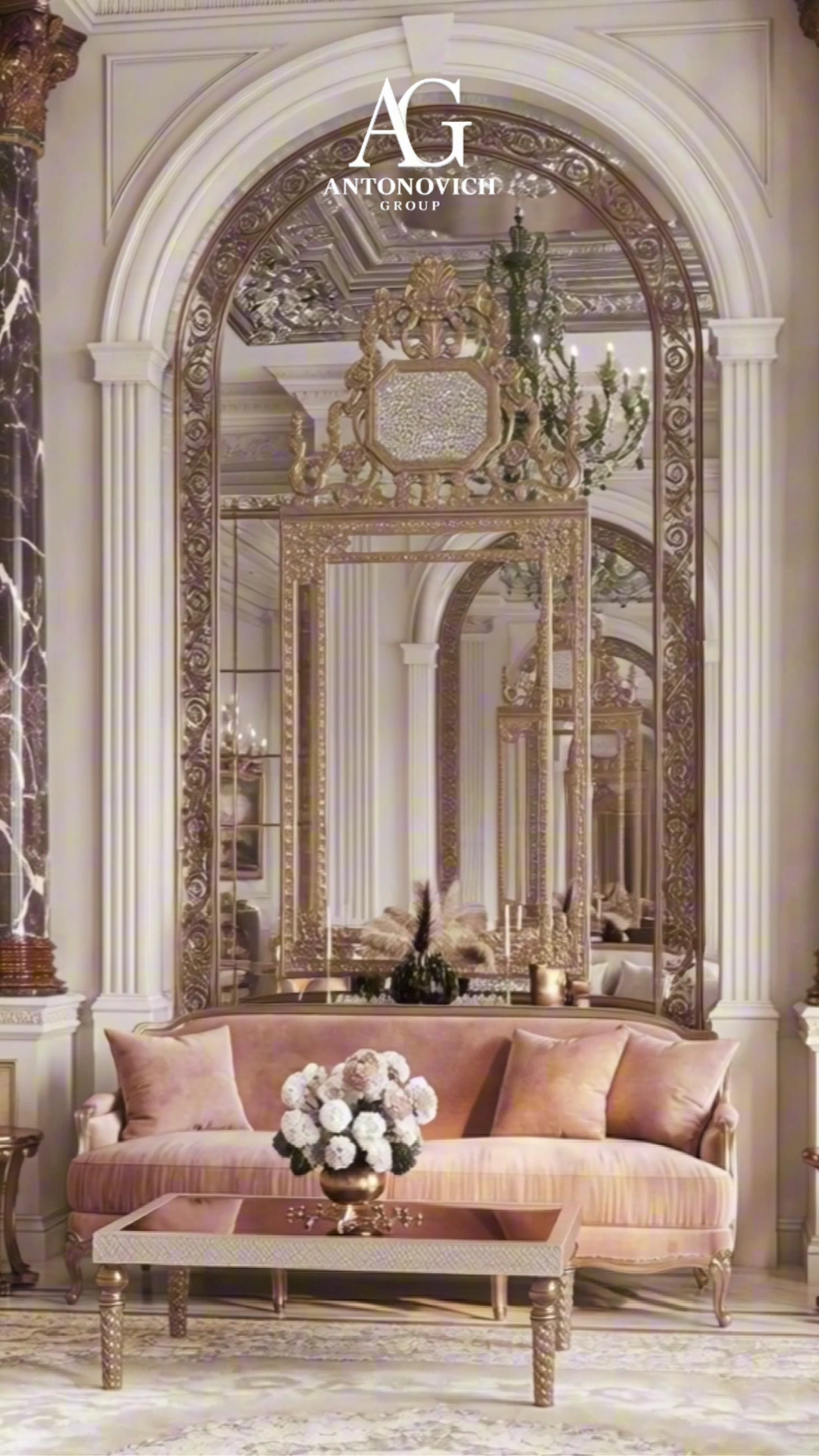 Royal majlis with a gilded carved mirror and pink velvet seating, designed by Antonovich Group