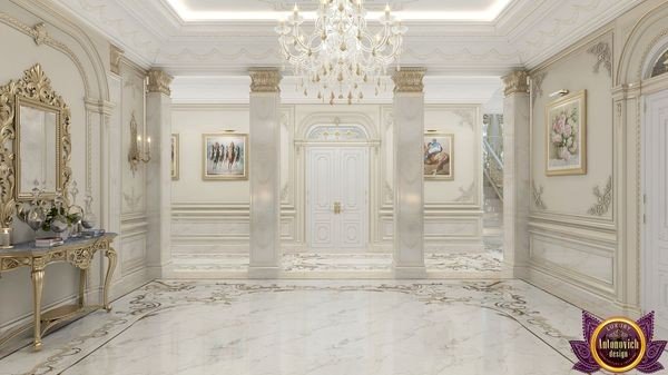 تصميم أرضية رخامية راقٍ في بهو واسع
