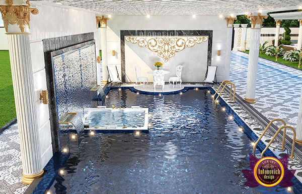 Elegant outdoor pool with a swim-up bar and lounge area