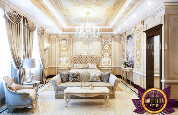 Luxurious neoclassical bedroom featuring a plush velvet bed