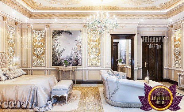 Chic neoclassical bedroom with a cozy seating area and stylish decor