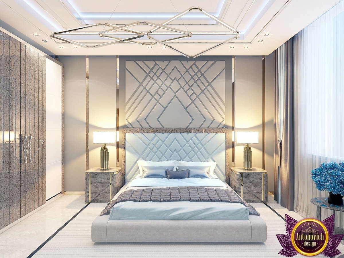 Modern bedroom with elegant chandelier