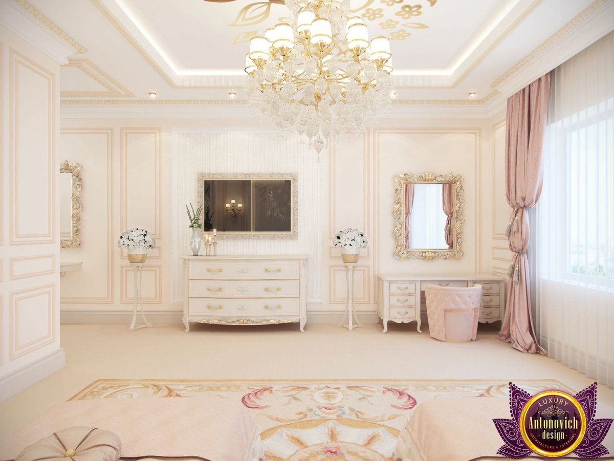 Teen bedroom with chandeliers and floral wall art