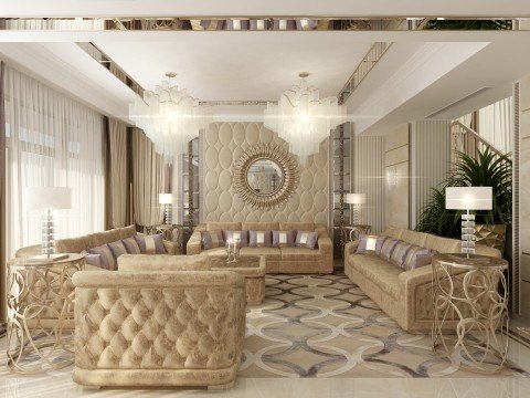 This picture shows a large outdoor swimming pool with a high dive and slide. The pool area is surrounded by a fence, palm trees, and has lounge chairs and umbrellas for sunbathers. There is also a large body of water in the background.