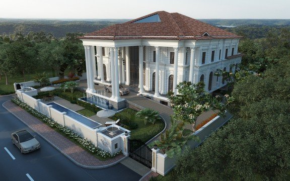 The picture shows a woman in a white dress and a man in a black suit walking through a grassy meadow with a bright blue sky overhead. The woman is carrying a bunch of pink and purple balloons, while the man has bouquets of flowers and is holding the woman's hand. The couple appears to be enjoying each other's company and their surroundings.