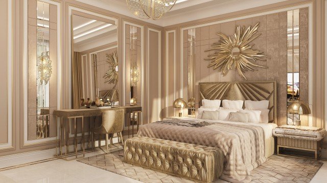 Red and gold patterned wallpaper with ornate gold trim and white inlay.