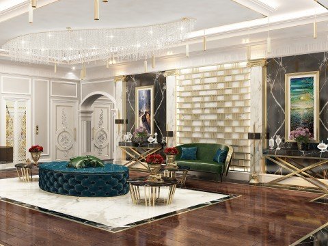 This picture shows a mid-sized modern kitchen with black and white tile floors, white cabinets and countertop, stainless steel appliances, and medium wood furniture. The refrigerator is tucked away against the back wall and has metal paneling. There are several round stools up against the countertop and a bar area which has two large pendant lights hanging above it.