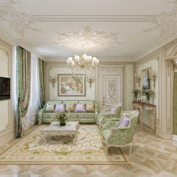 Modern house interior featuring an open-concept living and dining area comprised of white walls, grey seating area with a wooden center table, and rug.