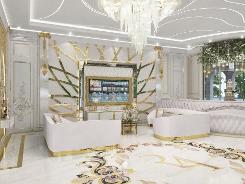 This picture shows a woman wearing a blue dress and standing in a garden. She is looking out into the distance, surrounded by lush greenery and tall trees. Her long blonde hair is being blown back by the wind. In the background, there is a mountain range.