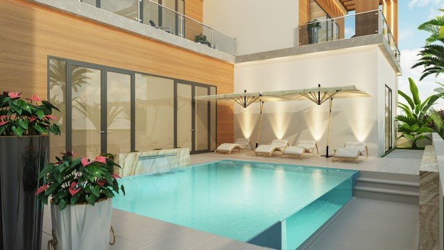 This picture shows a luxury living room designed by the Antonovich Design company. The room features several modern elements, including a grey and white color palette, contemporary furniture, a sleek chandelier, and large windows with a stunning view of a cityscape.