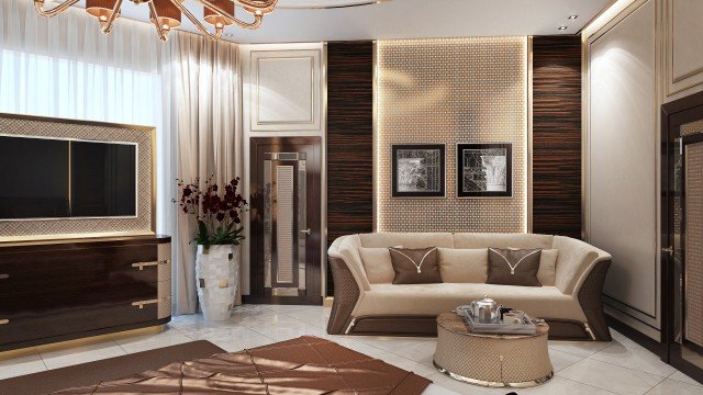 A luxurious, modern living room featuring upholstered furniture, a marble fireplace, and a crystal chandelier.