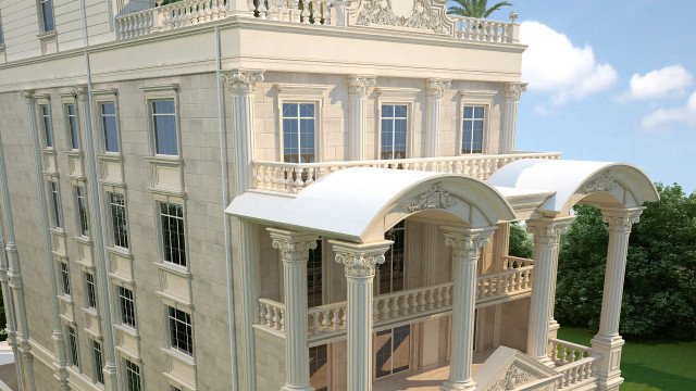 This picture is of a luxurious modern bedroom designed by Antonovich Design. The room is decorated in shades of silver and grey, with a large framed wall mirror, floating floor-to-ceiling window panels, and a beautifully detailed ornamental ceiling. The walls are adorned with modern artwork and the bed is covered in plush bedding in shades of light grey. A beautiful chandelier hangs above the bed, adding a touch of glamour to the design.