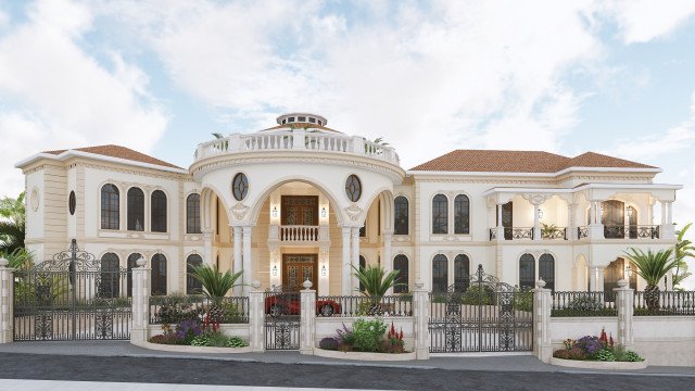 A traditional outdoor sitting area, featuring ornate white furniture and drapes, a coffee table, and a plush area rug.