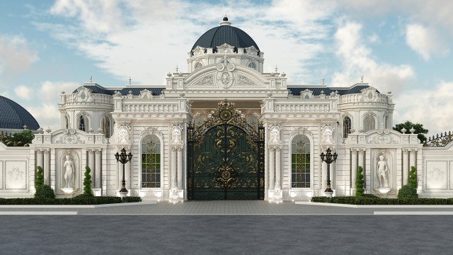 This picture shows a luxurious living room with an impressive vaulted ceiling, ornately decorated in a unique style. The walls are a light beige color and are complemented by light brown carpeting and white moldings. A large sectional in a teal, white, and grey pattern dominates the center of the room, while a plush armchair and ottoman in the same colors, as well as matching coffee table, accent the area. A grand, white fireplace is featured on the wall in the back of the room, along with a large flat screen TV and other details,