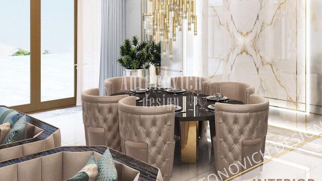 Modern interior with dark walls, light furniture, and statement decorative pieces.