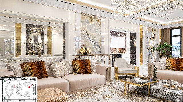 This picture is of a modern luxury interior featuring a curved black leather sofa, large crystal chandelier, white marble flooring and a collection of abstract artworks. The room is decorated with golden accents, including light fixtures and end tables. Dark grey wool curtains provide contrast to the bright furnishings, giving the room a sophisticated look.