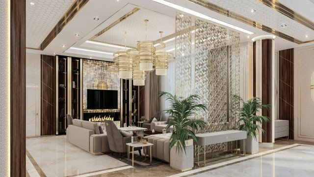 An ornate, intricately detailed space featuring an arched ceiling, mosaic flooring, and marbled walls with a floral pattern.