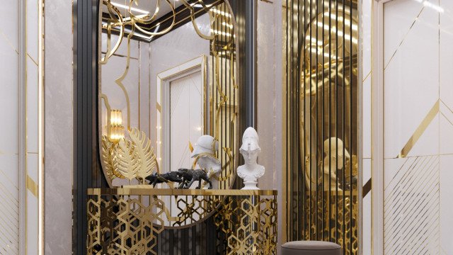 Abstract geometric shapes arranged in a grid formation, overlapping to create a complex pattern.