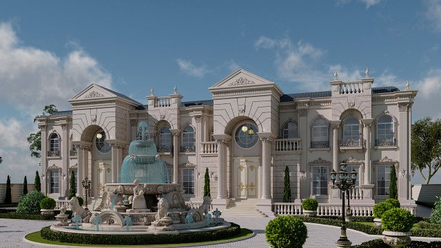 This picture is a luxurious bathroom design created by the design firm Antonovich Design. The room features a black and white marble accent wall that partially encloses the shower area. The rest of the walls are finished in an elegant cream color. The corner walk-in shower is equipped with a rainfall showerhead and is finished with white and black tiles. The vanity and countertops are finished in white marble, and the sink is mounted on a champagne gold countertop. A large oval mirror hangs above the sink, and a modern light fixture is installed above it.