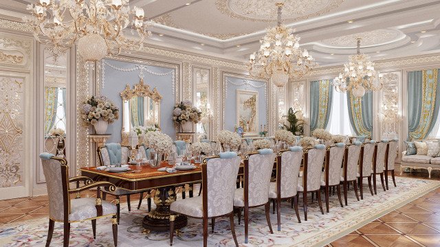 Modern interior design featuring white walls and furniture, a grey-white marble floor, white rug, large mirror, and an ornamental wall mural.
