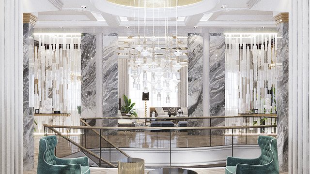 This picture shows a luxurious living room interior designed by Antonovich Design. The room features deep, dark colors and rich materials, including a plush velvet sofa, a patterned rug, a dramatic chandelier, and a mirrored coffee table. The walls are adorned with a large abstract painting in a gilded frame, and the space is illuminated with ornate sconces.