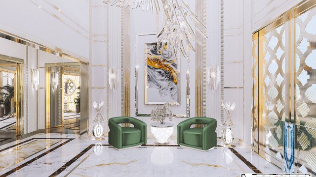 This picture shows a luxurious modern bathroom design with an open shower area and a large marble tub. The walls are a light beige color and the ceiling is white. There is a wide rectangular sink with two modern-style taps on either side and a matching marble countertop. The floors are also made of marble with a mosaic pattern in between. The entire space is well lit from the recessed ceiling lights and wooden cabinetry has been used to store towels and supplies.