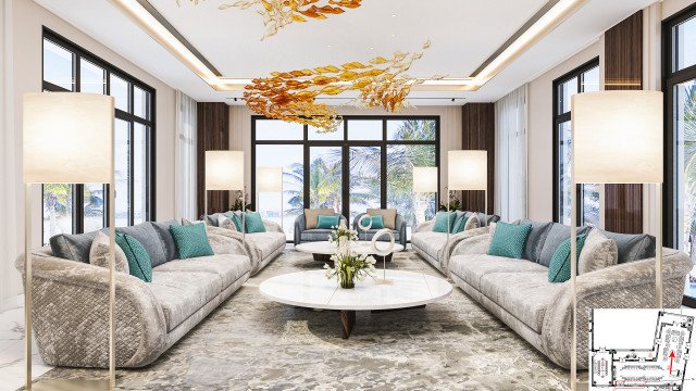 The picture shows a luxury living room with a black leather sofa, a white and grey area rug, and a round wooden coffee table with glass top. There are two large paintings hanging on the wall, and a crystal chandelier lighting up the space. The walls are painted in a light grey hue with silver trim. The overall effect is one of elegance and sophistication.