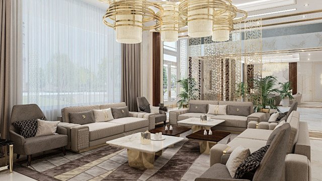 This picture shows a luxurious, modern bedroom designed by Antonovich Design. It features a beautiful, tufted wingback headboard with metallic accents, as well as two matching nightstands with white marble tops. The bedding is a combination of off-white and dark gray, with plush pillows and throws layered on top. On each side, there is a large window that brings in plenty of natural light. Lastly, the floor is a dark wood paneling with a black rug in the center.