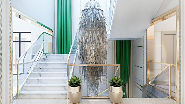 This picture depicts a modern home office featuring a wood desk and black leather chair. The walls of the office are painted a light blue color and are decorated with wooden shelves and framed artwork. The room is illuminated by recessed lighting, providing a warm, inviting atmosphere. The large windows allow plenty of natural light and the curtains add to the ambiance.