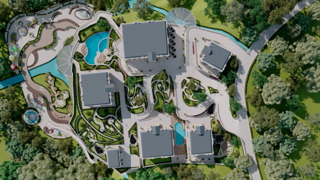 This picture shows an interior design concept for a modern luxury living room. It features a gold velvet sofa set with black and white accent pillows, an abstract-patterned brown rug, a black marble coffee table, and a large white floor lamp with a beaded gold shade. There is also a wall art piece of a vibrant red and yellow abstract painting hung above the sofa.