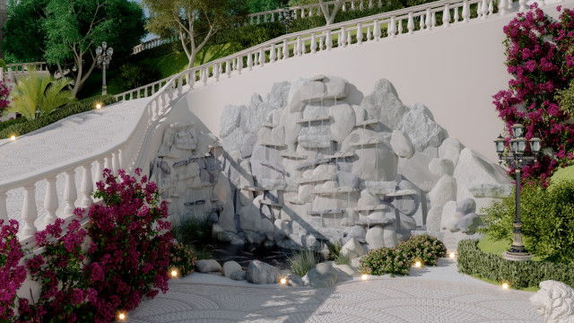 This picture shows an open living room with modern decor. The space features contemporary furniture, including a sleek white leather sofa with a glass coffee table in the center. The room also has a large carpet with a geometric pattern and wall art on one side. On the other side of the room are built-in shelves with framed artwork. The room also has large windows with white curtains and a balcony with a view of the surrounding cityscape.