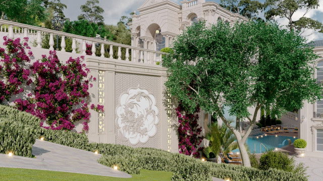 This picture shows a bathroom interior design with a classic and luxurious style. The wall and floor tiles feature an ornate pattern in shades of cream and brown. The vanity features a white countertop and a dark wood cabinet, and the sink has a classical look. There are two large mirrors to the side, and there is also a bathtub with a tiled surround and a shower area. The room is lit up from a modern chandelier hanging from the ceiling.
