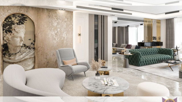 Modern white hallway featuring a custom patterned marble floor, beige ceiling and walls, and a statement chandelier.