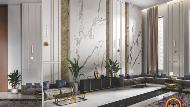 A luxurious living room featuring a contemporary fireplace with surrounding furniture, accented with traditional upholstery and wallpaper.