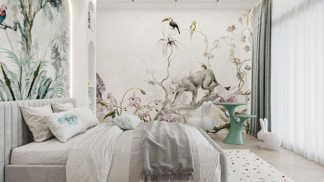 The picture shows a modern living room with a curved sofa, an armchair, and two abstract art pieces on the wall. The walls and furniture are decorated in neutral colors, with a few shades of brown and white, creating a warm and inviting atmosphere. On the wall opposite the sofa is a large window covered by sheer curtains, providing plenty of natural light.