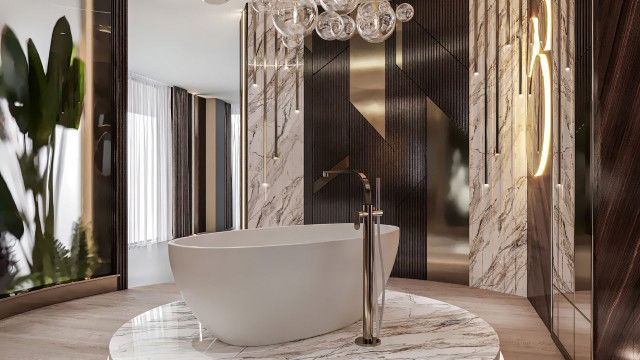 The picture shows a well-designed, modern living room. The walls are painted dark blue and feature a white accent wall with a built-in shelf and TV. The ceiling is painted white and has two modern, square-shaped light fixtures. The furniture consists of a grey couch, matching armchair, and two small side tables. The floor is covered with a light grey carpet and there is a large abstract painting hung above the couch.