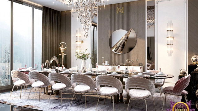 Modern luxury kitchen with brown cabinets, white countertops, and a tropical-style backsplash.